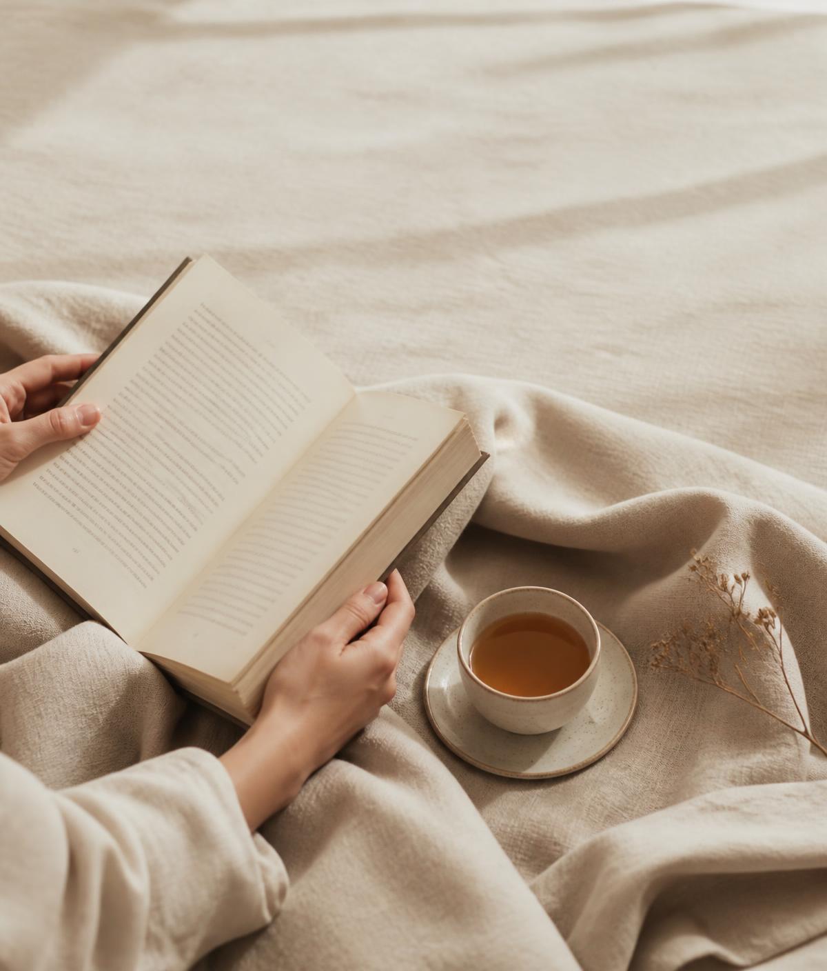 Pessoa lendo um livro sob uma manta de linho bege ao lado de uma taça de chá